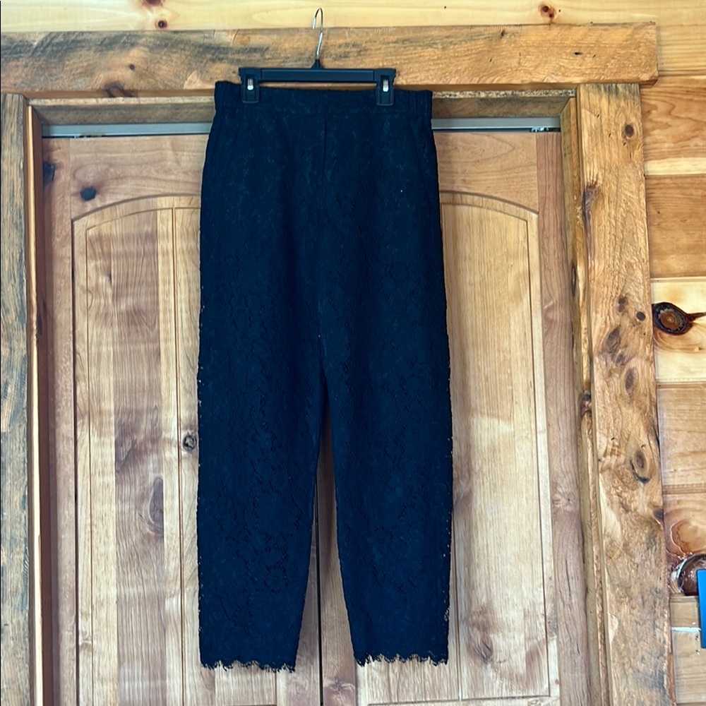 J Crew Elegant Black Lace Pants lined eyelash hem 2 T tall crop